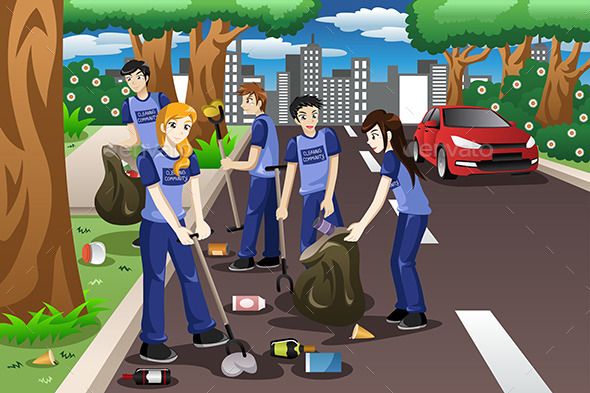 Kids Volunteering by Cleaning up the Road