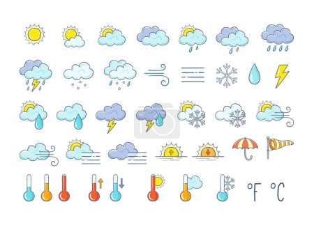 FotkyFoto pocasi v barevne ikony nastavit rucne kreslenou predpoved pocasi navrhove prvky izolovane na bilem pozadi idealni pro mobilni aplikace a widgety obsahuje ikony ze slunce mraky snehove vlocky boure vit